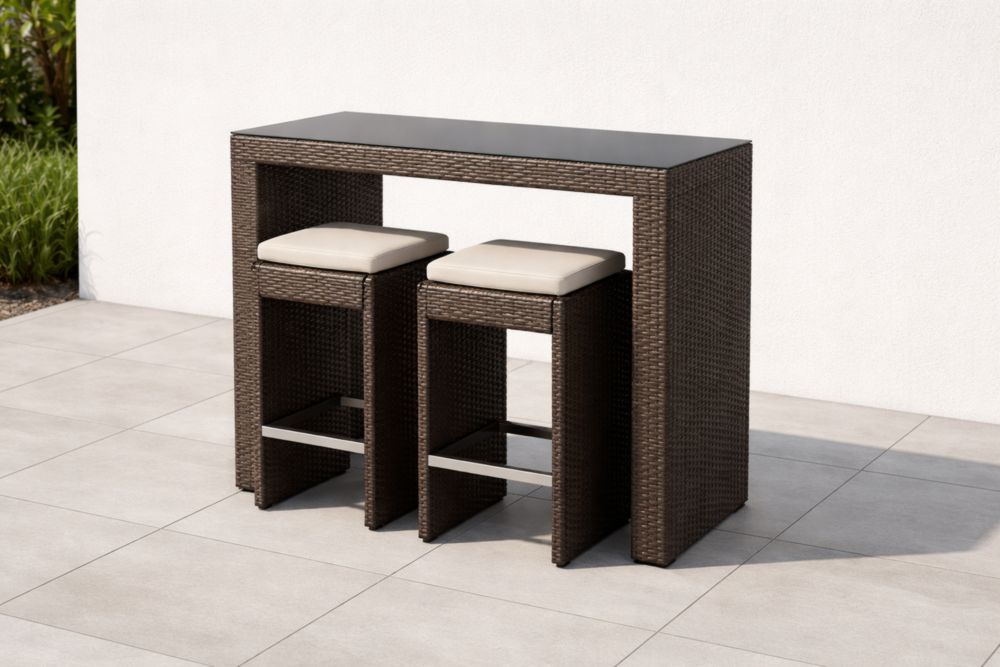 Ensemble de Jardin en Résine Tressée avec Table Haute et Tabourets Marron/Beige