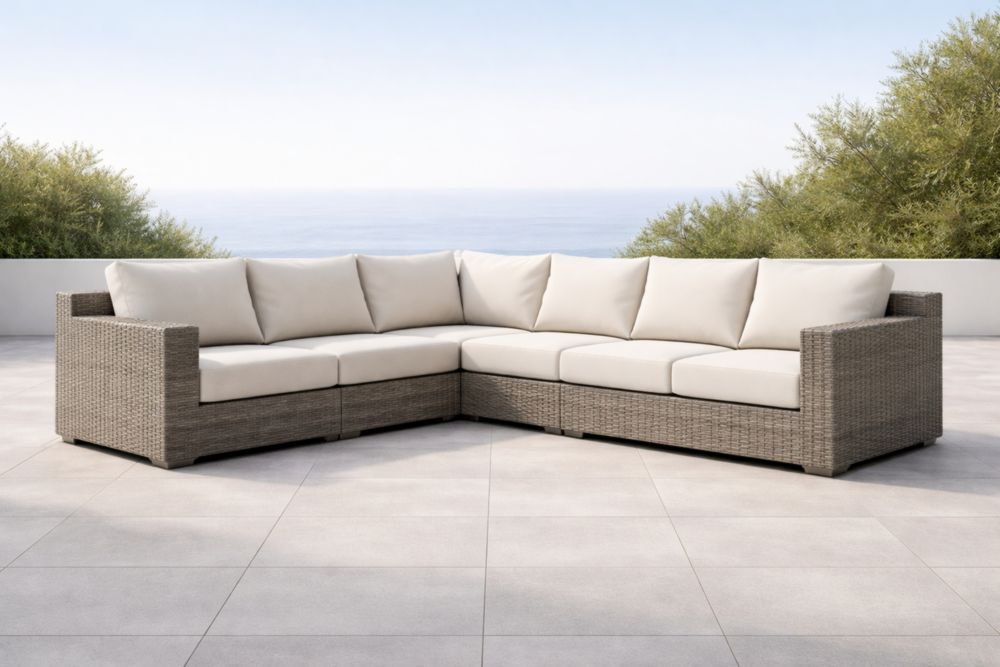 Canapé d'angle en résine tressée avec coussins en polyester Beige/Gris