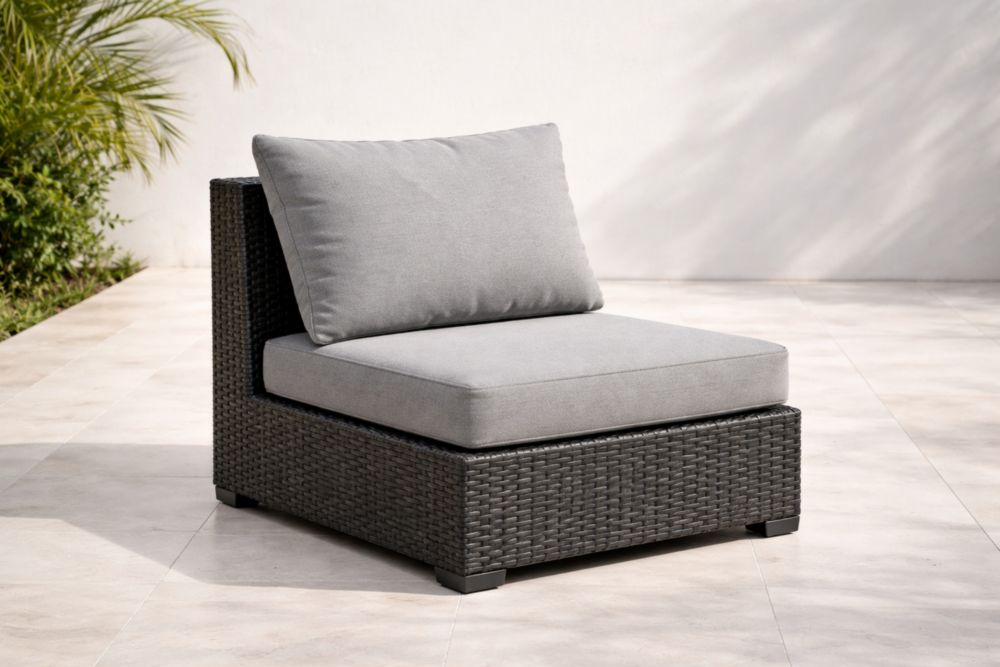 Fauteuil de jardin modulaire en résine tressée noir et coussin gris