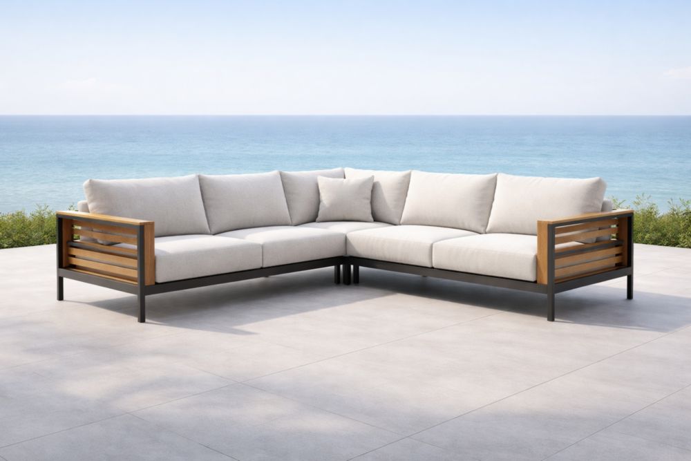 Canapé d'angle en aluminium et bois avec coussins en tissu beige