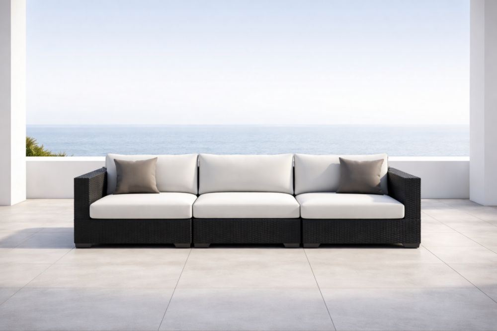 Canapé d'Extérieur 3 Places en Résine Tressée avec Coussins Noir/Blanc