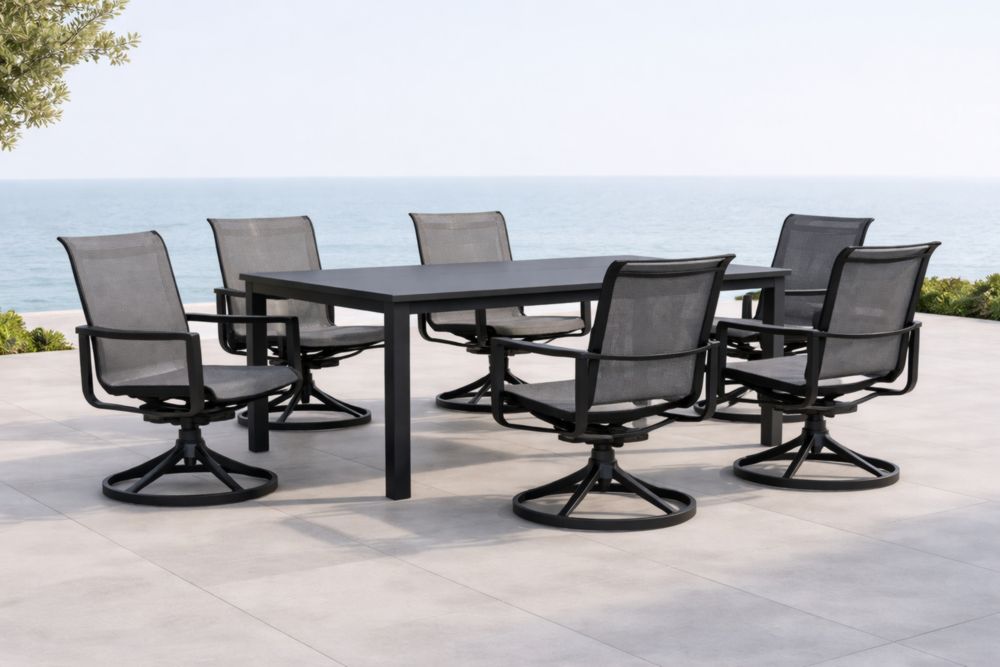 Ensemble de Mobilier d'Extérieur en Aluminium Noir avec Table Rectangulaire et Chaises Pivotantes en Maille