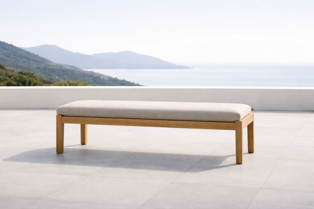 Banc en bois d'acacia avec tissu polyester beige