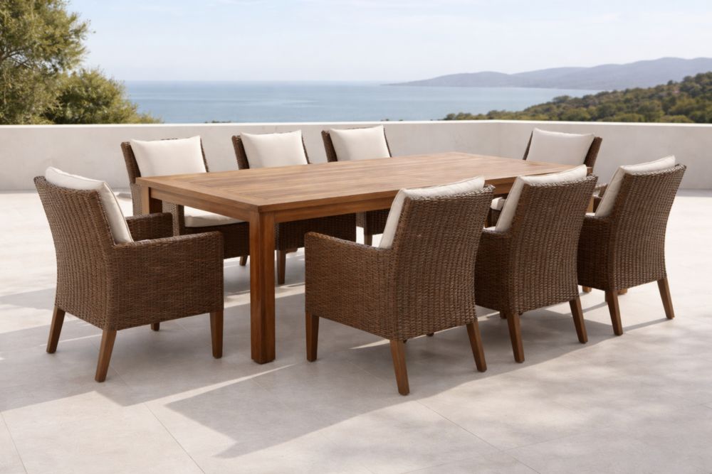 Table de jardin rectangulaire 8 chaises en rotin et bois d'acacia Marron