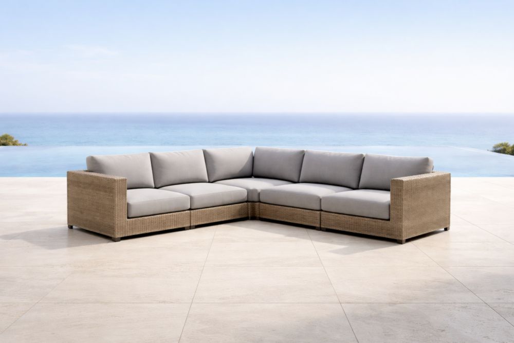 Canapé d'angle extérieur modulable en résine avec coussins gris