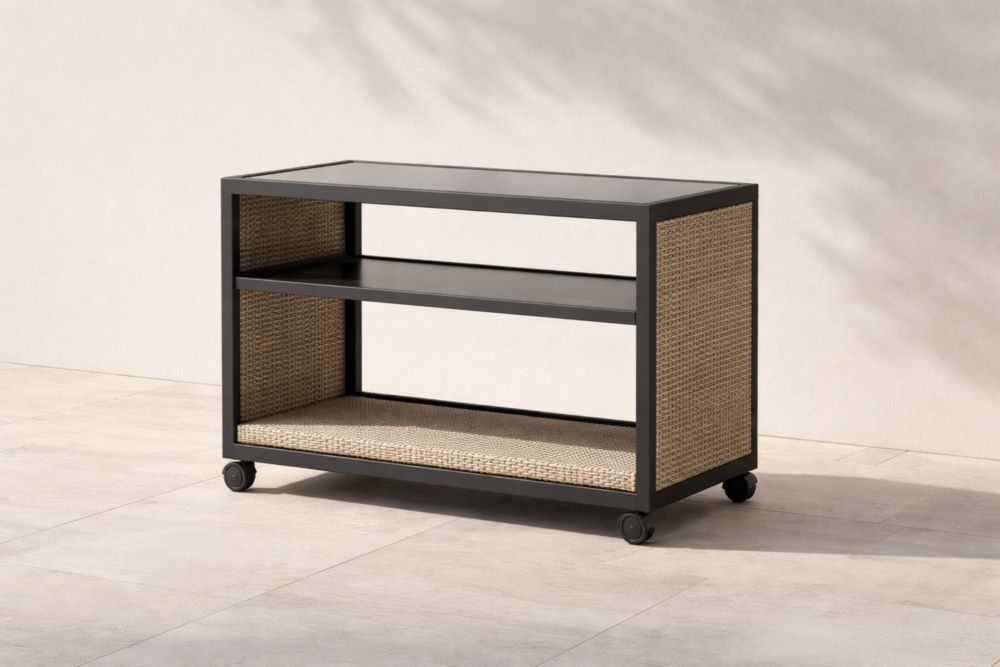 Console de rangement en métal et rotin avec roulettes 80cm x 40cm x 70cm