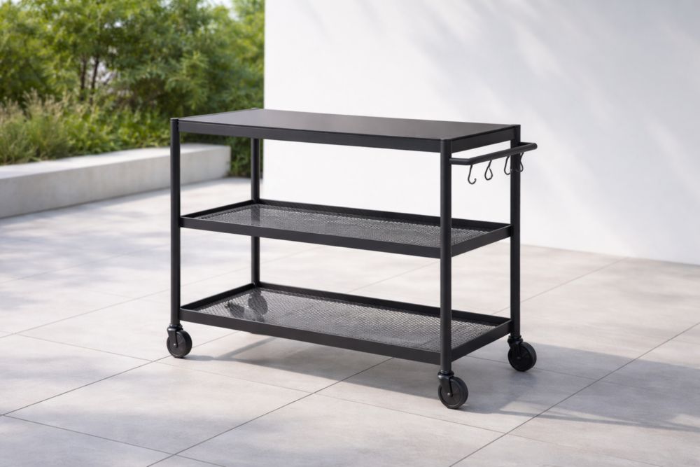 Chariot rectangulaire en métal noir avec roues et 3 étagères