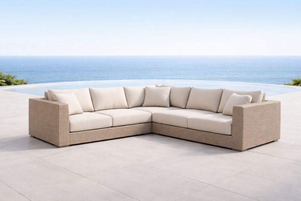 Canapé d'angle extérieur en résine tressée avec coussins en tissu beige