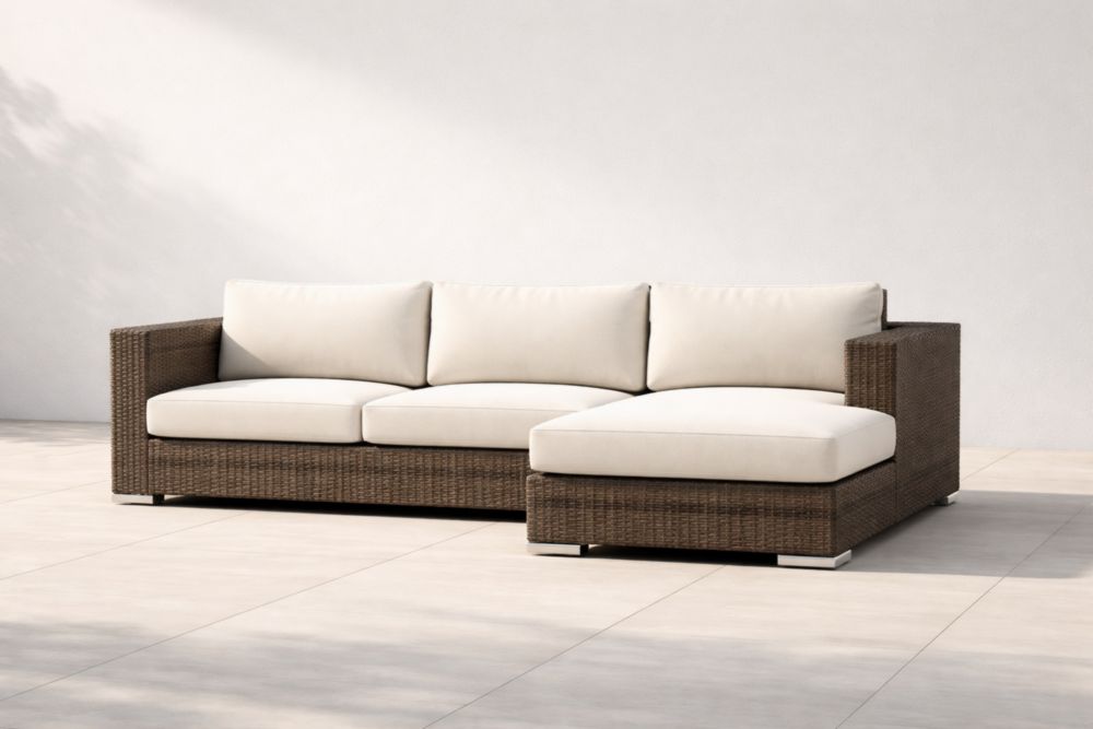 Canapé d'angle en résine tressée avec coussins en polyester