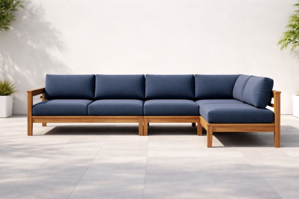 Canapé d'angle extérieur en bois d'acacia et tissu polyester bleu