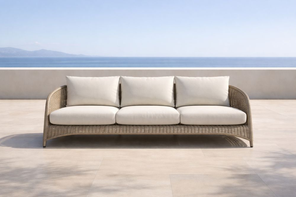 Canapé 3 Places Extérieur Résine Tressée Beige Coussins Blancs