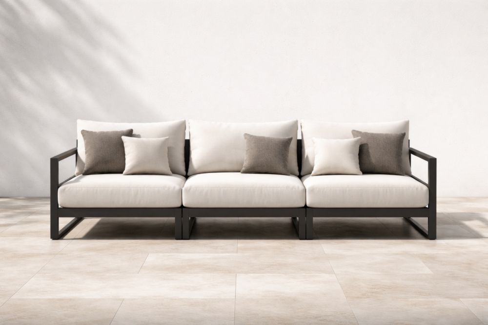 Canapé d'extérieur en métal avec coussins blanc et gris 3 places