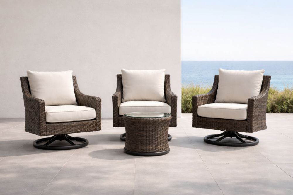 Ensemble de Fauteuils Pivotants en Rotin avec Table en Verre Trempé