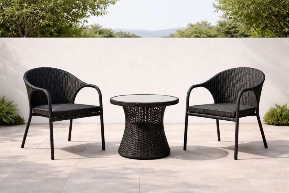 Ensemble de jardin 3 pièces en résine tressée noir avec verre trempé