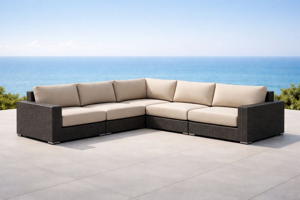 Canapé d'angle en résine tressée beige et noir pour extérieur