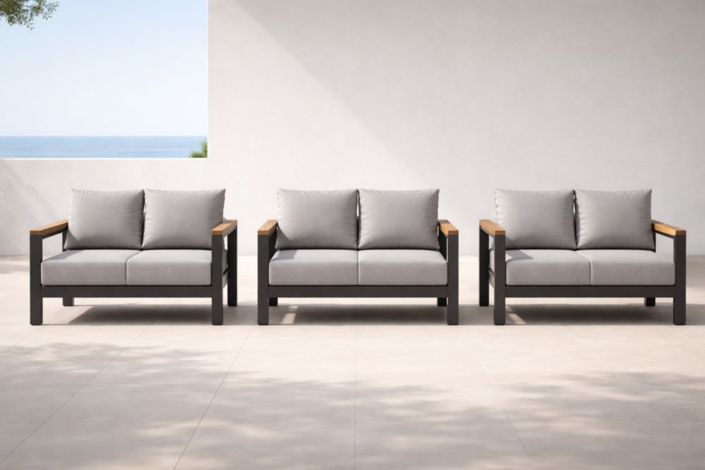 Canapés d'extérieur en aluminium et bois avec tissu gris