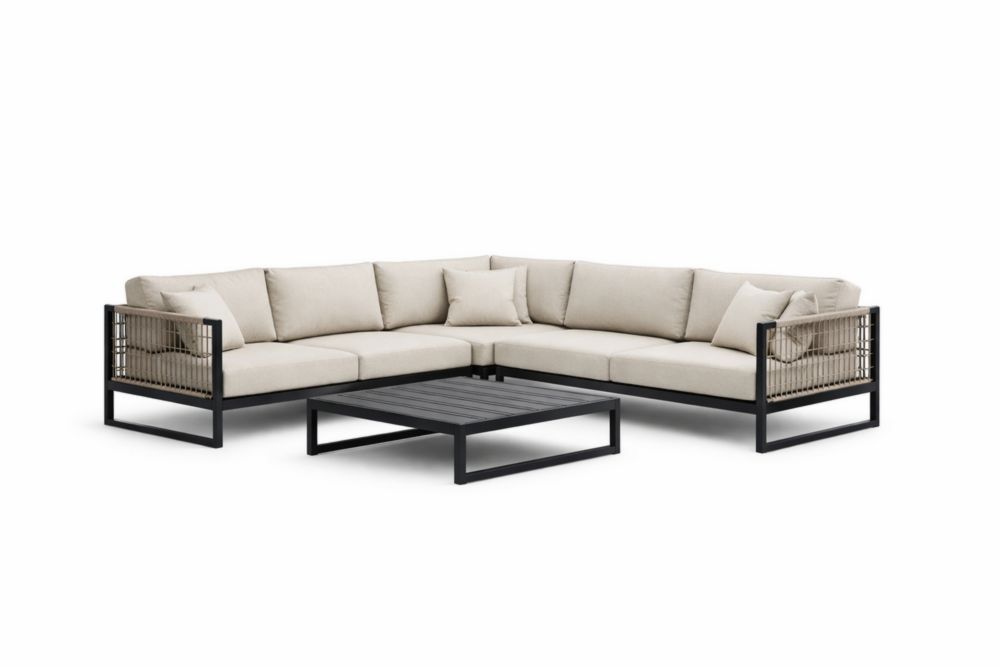 Canapé d'angle extérieur en aluminium et tissu beige avec table basse