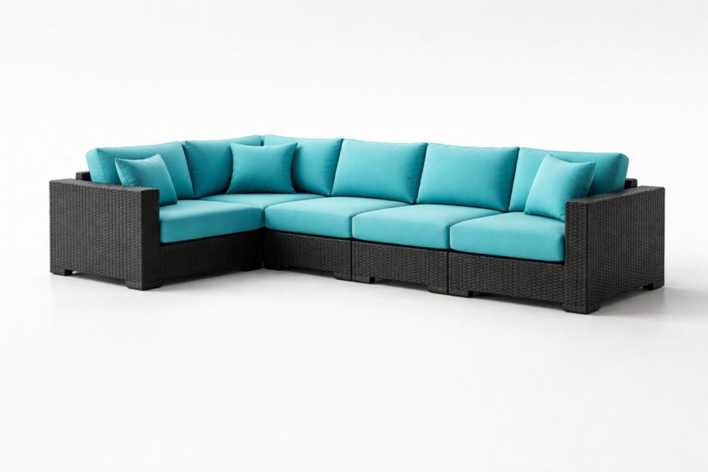 Canapé d'angle modulable en rotin avec coussins en tissu turquoise
