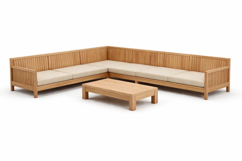 Canapé d'angle de jardin en teck avec coussins amovibles beige
