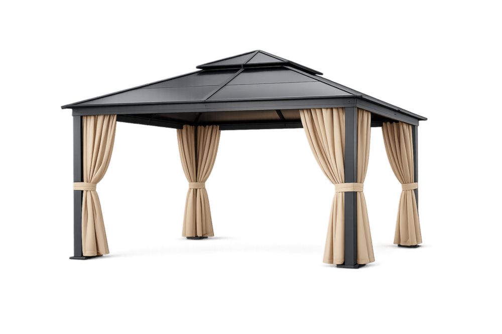 Pavillon de Jardin en Acier avec Rideaux en Polyester Beige et Noir