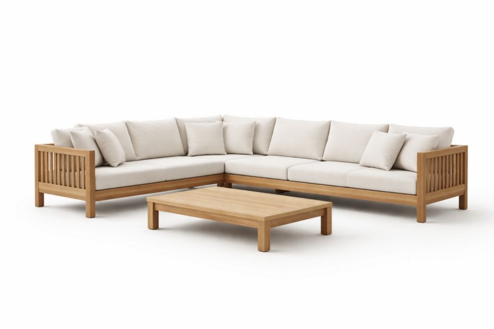 Canapé d'Angle en Teck avec Table Basse et Coussins Crème