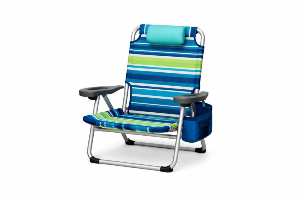 Chaise de plage pliante en aluminium rayures bleu et vert avec appuie-tête