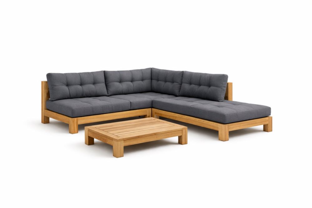 Ensemble de salon de jardin modulable en teck avec canapé d'angle et table basse, coussins gris
