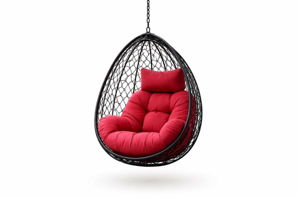 Chaise suspendue de jardin en acier avec coussin rouge et structure noire