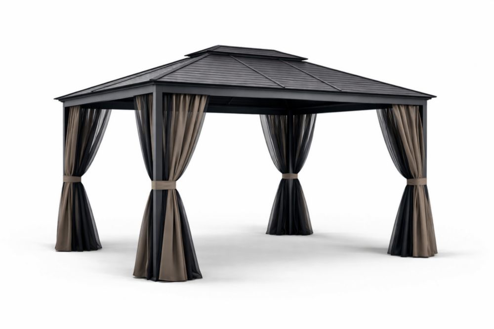 Tonnelle de jardin en aluminium avec toit acier et rideaux en polyester Noir/Gris