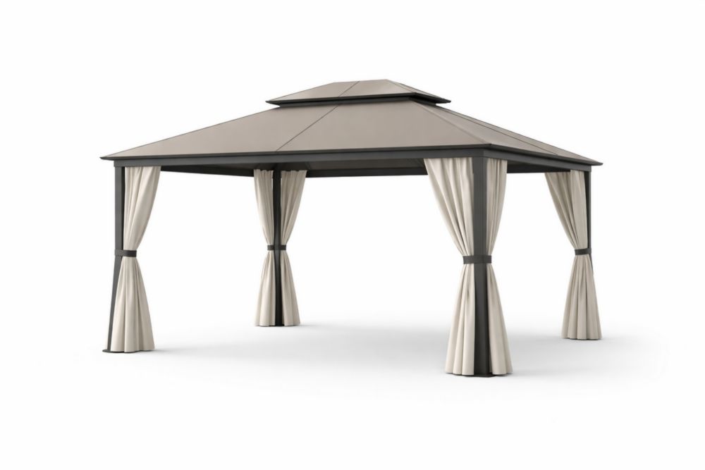 Pavillon de jardin en aluminium avec toit en polycarbonate et rideaux en polyester