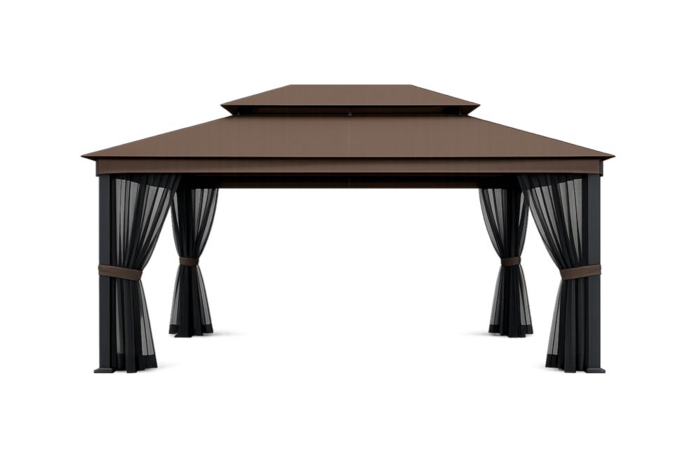 Pavillon en Aluminium et Polyester Marron avec Rideaux