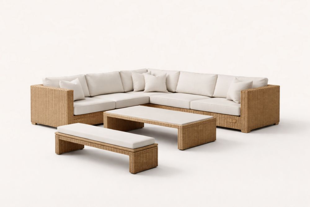 Ensemble de salon de jardin en rotin avec canapé d'angle, table basse et banc, coussins blancs