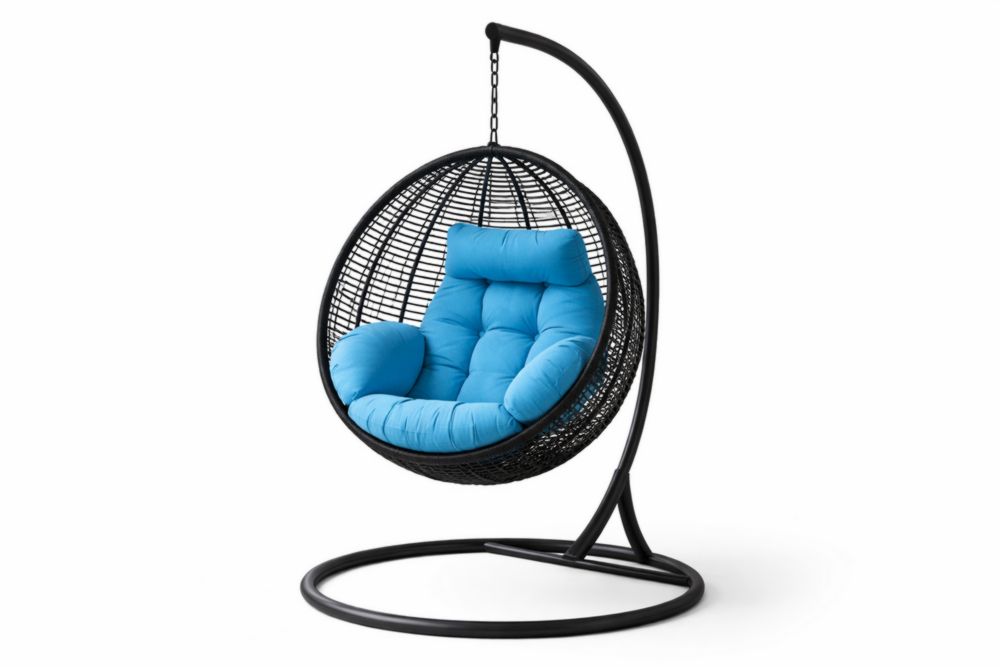 Fauteuil suspendu en acier et résine avec coussin bleu
