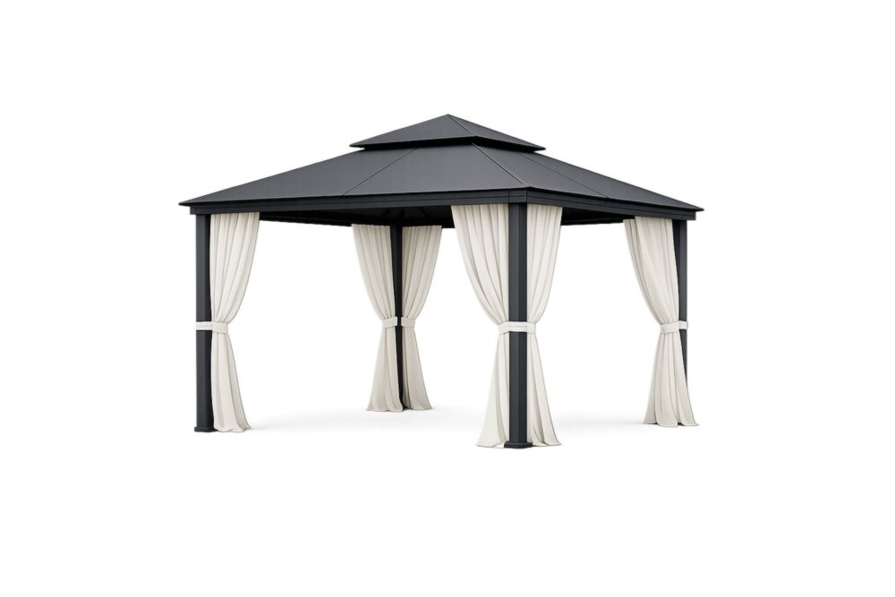 Pavillon de jardin en aluminium avec rideaux crème