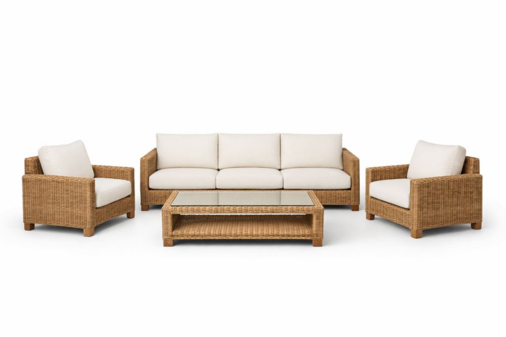 Ensemble salon extérieur rotin synthétique coussins beige table basse verre