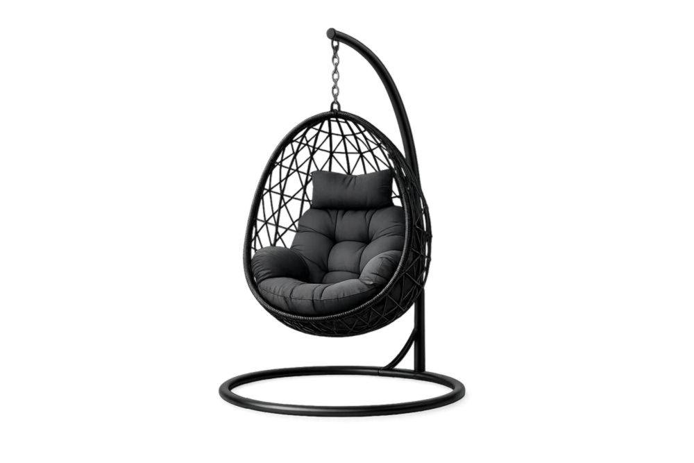 Chaise suspendue en résine tressée noir avec coussin polyester