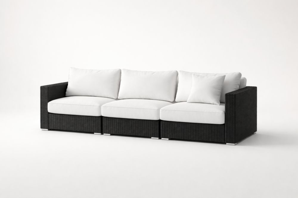 Canapé modulaire 3 places extérieur en rotin synthétique noir avec coussins blancs