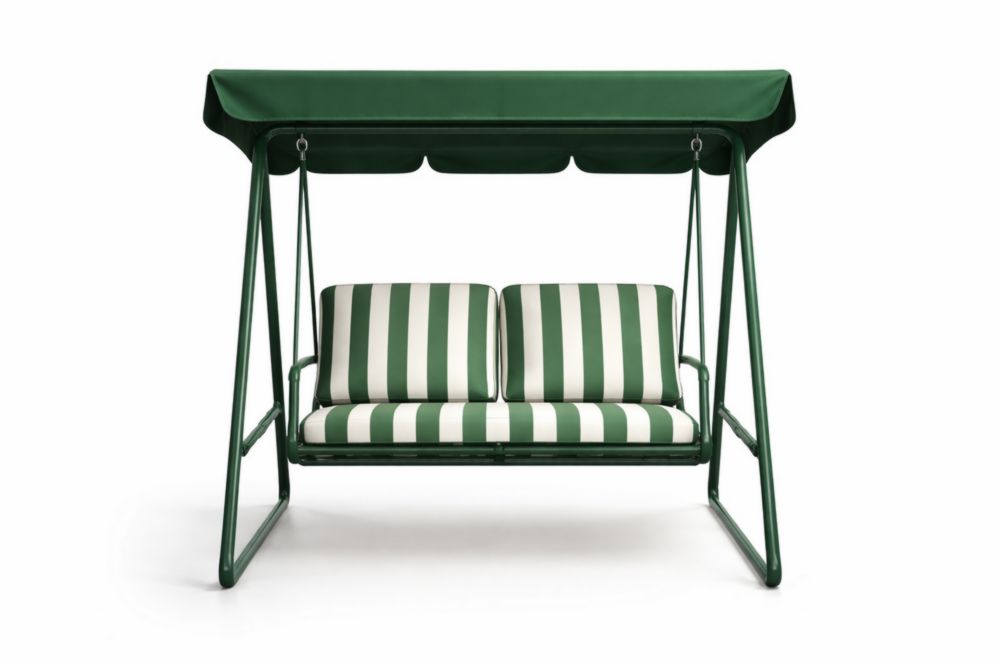 Balancelle de jardin à deux places en acier avec coussins rayés vert et blanc
