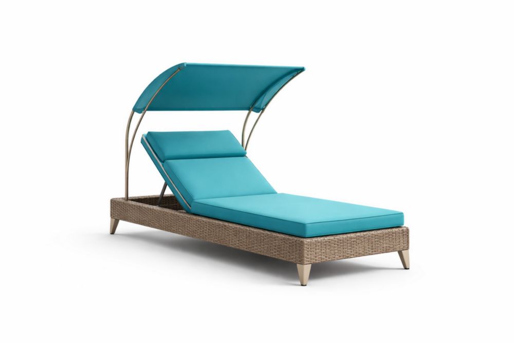Chaise Longue Extérieure Réglable avec Auvent en Rotin Synthétique et Coussin Bleu