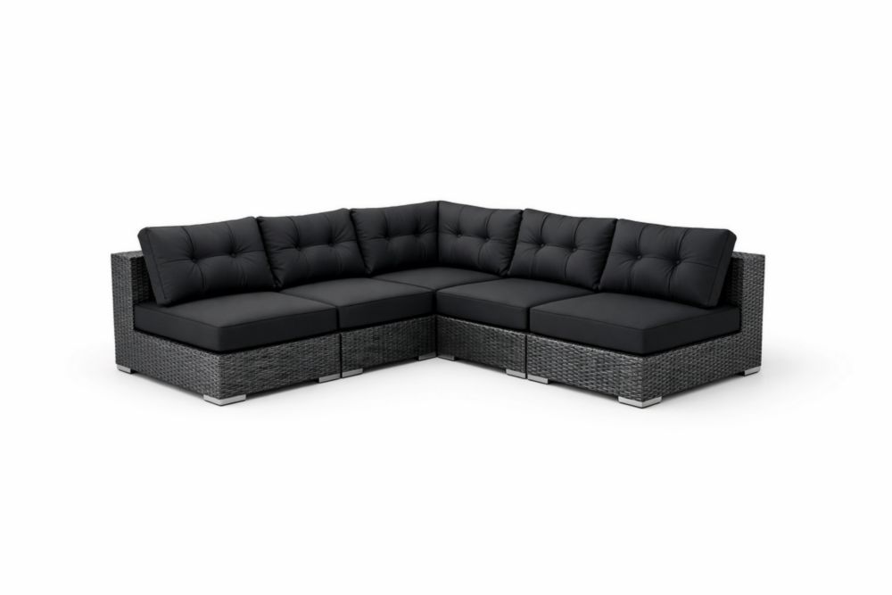 Canapé d'angle modulaire extérieur en résine tressée avec coussins en polyester noir