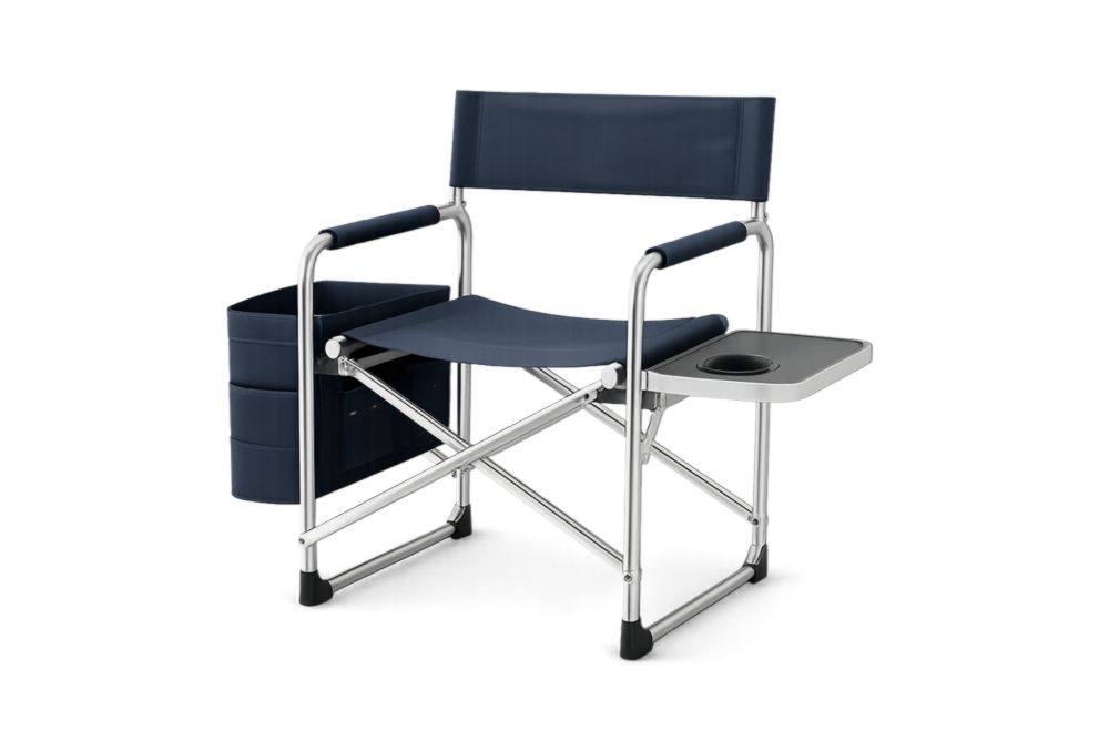 Chaise de directeur pliante en aluminium et polyester avec table d'appoint et rangement bleu