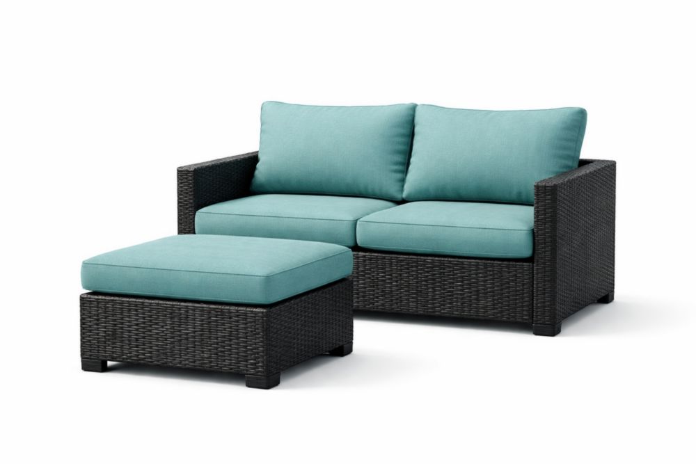 Canapé de jardin en résine tressée noir avec coussins en polyester vert et repose-pied