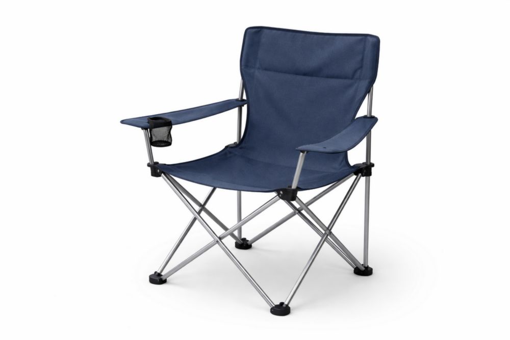 Chaise pliante en acier et polyester bleu avec porte-gobelet