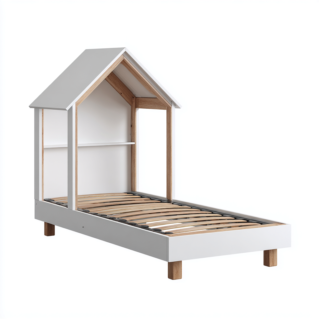 Kinderbett Holz 200x100x150 cm - Weiß-Natur - Mit Hausrahmen und Kopfteilregal-Denuploft