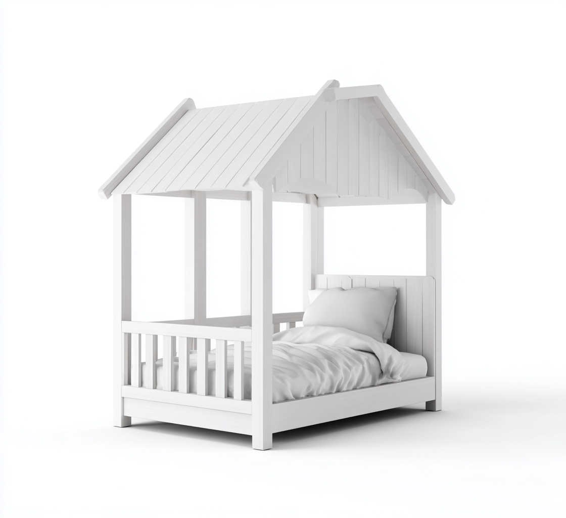 Kinderbett Holzhaus-Design 200x120x170 cm - Weiß - Mit Dachkonstruktion und Geländern-Denuploft