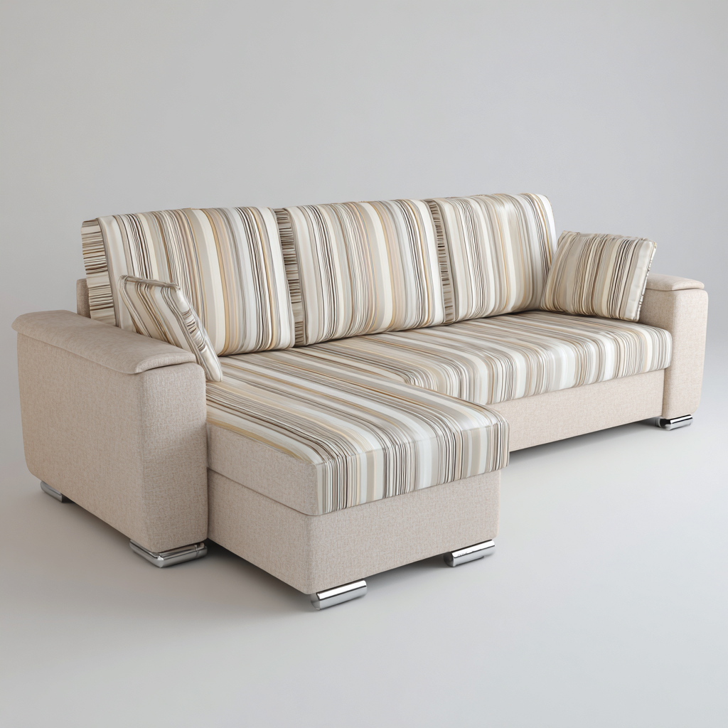 Ecksofa Stoff 260x175x85 cm - Beige gestreift - Mit verchromten Füßen und modernem Design für Wohnzimmer-Denuploft