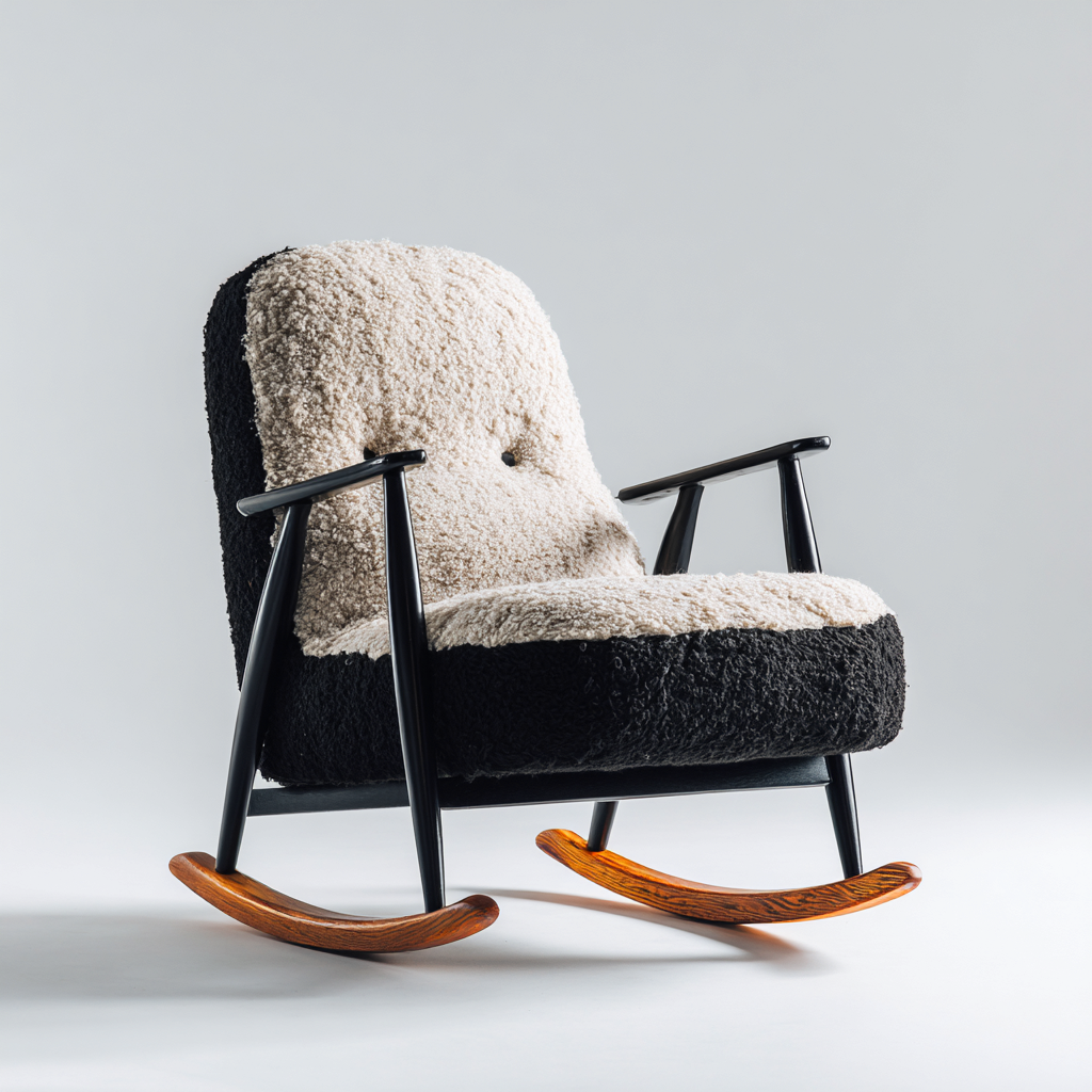 Schaukelstuhl aus Kunstfell und Holz - 88x76x94 cm - schwarz-beige - Retro-Stil-Denuploft