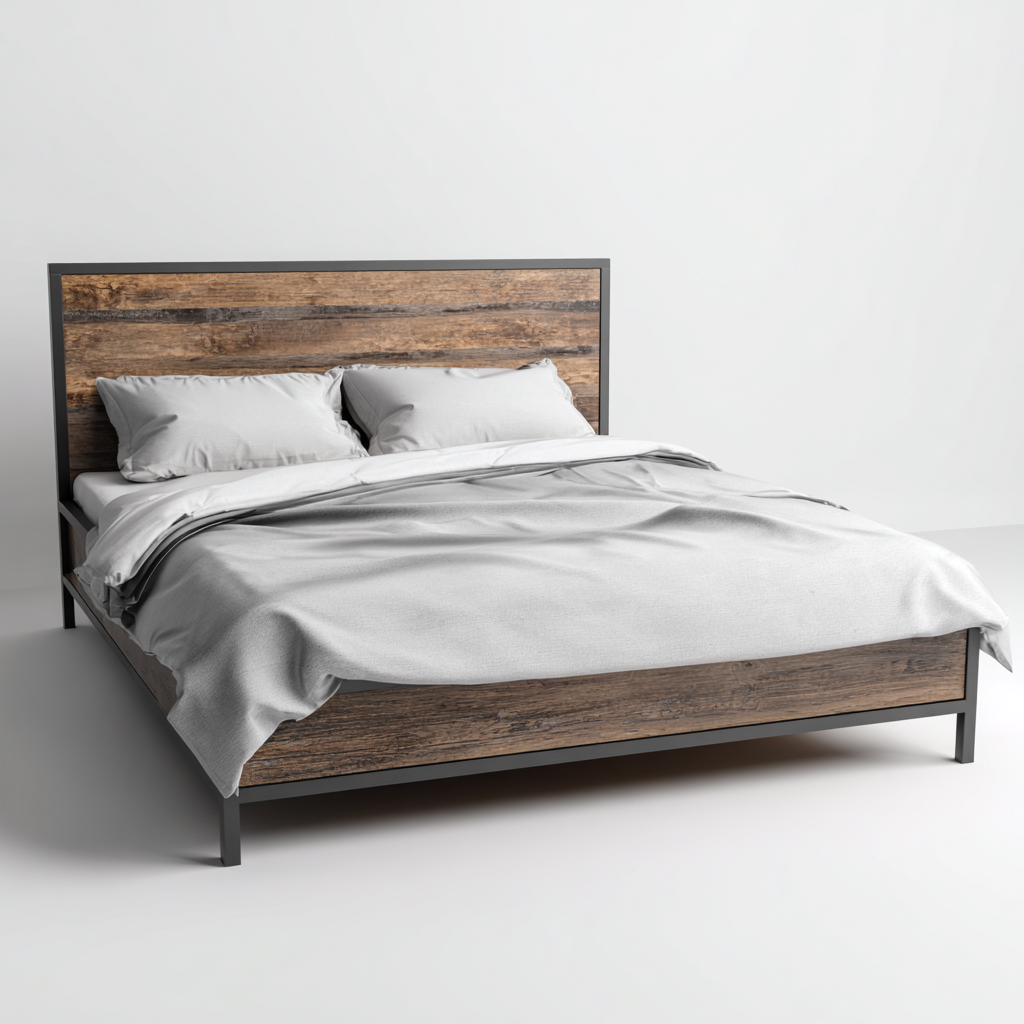 Doppelbett Metall-Holzgestell 200x180x105 cm - Braun-Schwarz - Modernes Industriedesign-Denuploft