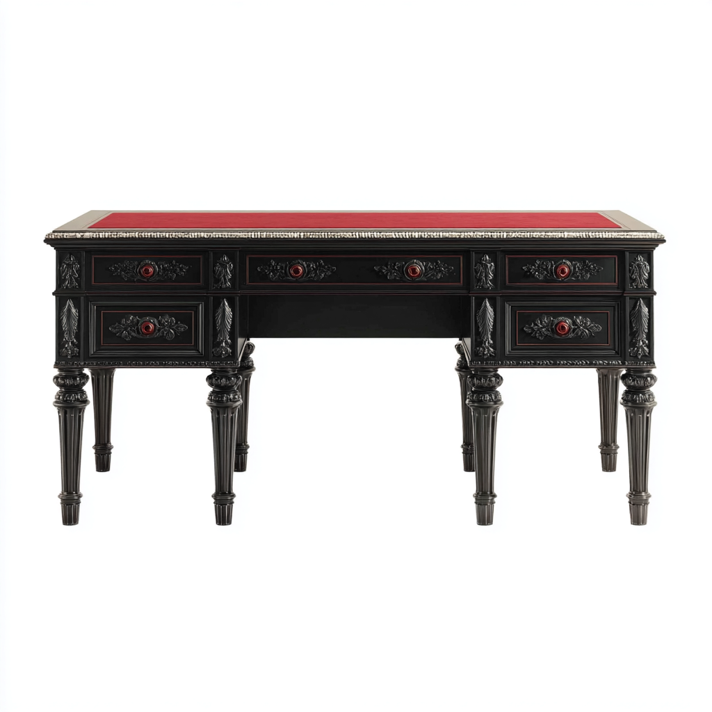 Schreibtisch - Massivholzrahmen und Kunstleder-Arbeitsfläche - 150x70x75 cm - Schwarz-Rot - klassisches Design-Denuploft