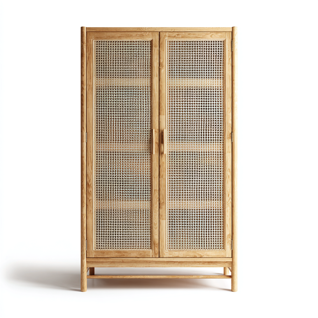 Kleiderschrank mit Doppeltüren - 118x54x188 cm - holzfarben - Boho-Stil mit Rattangeflecht-Denuploft